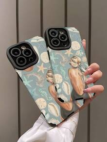 1pc Summer Fashion Seascape Girl Pattern Vertical Faux Leather Shockproof Anti-Fingerprint Phone Case, Compatible With Apple And Compatible With Samsung - Multicolor - View 4