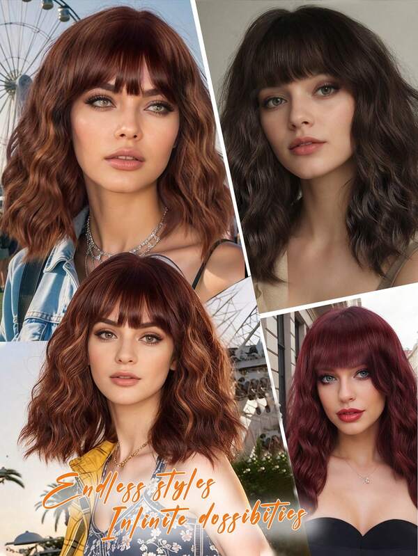 Parrucca corta da donna con onde e ricci, caschetto con frangia, lunghezza spalle 14 pollici, capelli sintetici per uso quotidiano, feste o Ognissanti, cuffia in rete traspirante con densità alta al 150%, disponibile in 4 colori: rosso sfumato, marrone, marrone chiaro o marrone con riflessi, adatta per l'uso