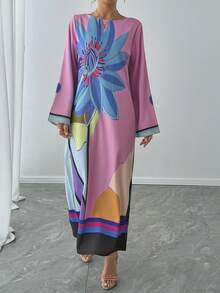 1 件对比色花卉印花船领喇叭袖长裙，优雅女士阿拉伯风格长袍，奢华晚会节日长袍 - 粉色 - 查看 3