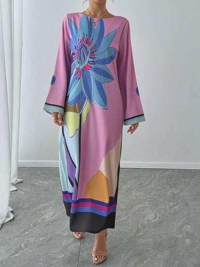 1 pieza Vestido largo con estampado floral en contraste, cuello barco y mangas acampanadas, elegante vestido de estilo árabe para mujer, lujoso vestido de fiesta, noche y vacaciones tipo abaya