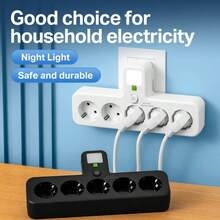 Adaptador de enchufe de 5 en 1 para toma de corriente europea, 110V-250V 10A/2500W, con luz nocturna/interruptor independiente, adaptador de escritorio/montado en pared. Adecuado para dormitorio, cocina, sala de estar