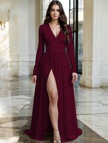 Vestido Largo Escote en V Acentuado Corte con Abertura Frontal Elegante Mangas Largas Ajustadas Diseño Fluido Cintura Ceñida Moderno Casual y Elegante Vestido Llamativo  Liso    Fiesta    Abertura alta  Cremallera  Fruncido    Boda - Vino - Ver 2