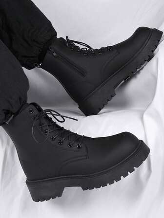 时尚哑光高帮男士踝靴，厚底，防滑，复古休闲靴，圆头，适合冬季户外