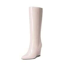 Women's Wedge Heel Knee High Boots Pointed Toe Side Zip Tall Boots Solid Color Retro Fashion Y2k Boots For Autumn/Winter - 米色 - 查看 2