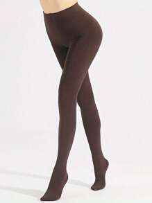 女士深咖啡棕色柔软高腰弹力修身天鹅绒长筒袜，舒适 - 彩色 - 查看 4
