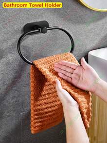 Bathroom Wall-Mounted Towel Rack, Stainless Steel Towel Ring For Kitchen, Bathroom And Laundry Room, No Drilling Required To Hold Towels And Rags, Heavy-Duty Towel Hook, Face Towel Rack With Hooks - Black - View 7