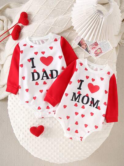 2pcs/Set Autumn/Winter Long Sleeve Romper, Heart & Letter Print "I Love Dad Mom" Colorblock Bodysuit