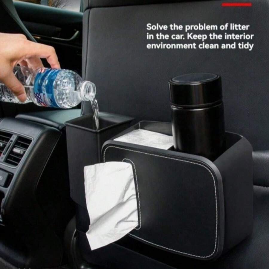一体式，创新设计，集车载垃圾桶和纸巾盒于一体。车内必备/前后座通用悬挂安装，雨伞收纳、垃圾处理的多功能一体箱。