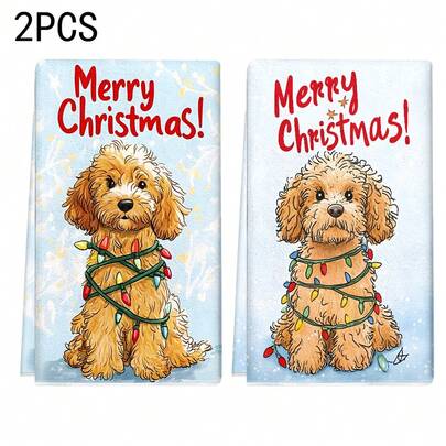 1 set/2 pezzi/100 pezzi Asciugamani da cucina e panni per piatti con motivo di barboncino natalizio con luci, adatti per la decorazione di interni di ristoranti, cucine e bagni, decorazione per feste, regali per festività, come regalo