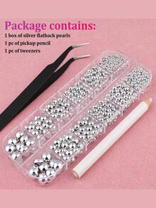 12 格 3D Ab 银色半珍珠指甲饰物，2000 件平底半圆形珍珠用于美甲，6 种尺寸 Ab 金色珍珠珠子水钻用于美甲设计 DIY 工艺品珠宝制作衣服鞋子装饰美甲用品指甲美甲宝石 - 銀色 - 查看 2