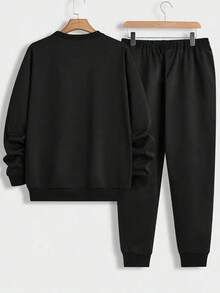 Conjunto de ropa deportiva para hombre, ropa deportiva de dos piezas estampada de manga larga, sudadera deportiva de color sólido combinada con pantalones deportivos básicos, adecuada para otoño e invierno. - Negro - Ver 3