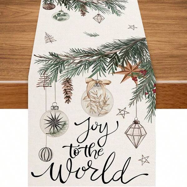 1 pieza, Camino de mesa navideño, Bolas de vidrio navideñas, Rama de pino Alegría al mundo, Decoraciones navideñas y de invierno para la mesa del hogar, cocina y comedor