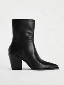 秋冬美式尖头拉链踝靴，新款复古尖头西部靴，粗跟侧拉链短筒欧美靴，尺码 35-42，女靴 - 黑色 - 查看 8