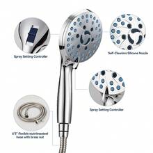 Cabezal de ducha con juego de boquillas de pistola rociadora, 10 etapas de potencia, cabezal de ducha, plateado (cabezal de ducha + manguera de 1,5 m)
