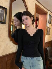 New Lace Long Sleeve Base Layer T-Shirt, Short Fitted V-Neck Top - Black - View 1