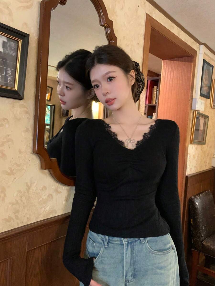 New Lace Long Sleeve Base Layer T-Shirt, Short Fitted V-Neck Top - Black - View 1