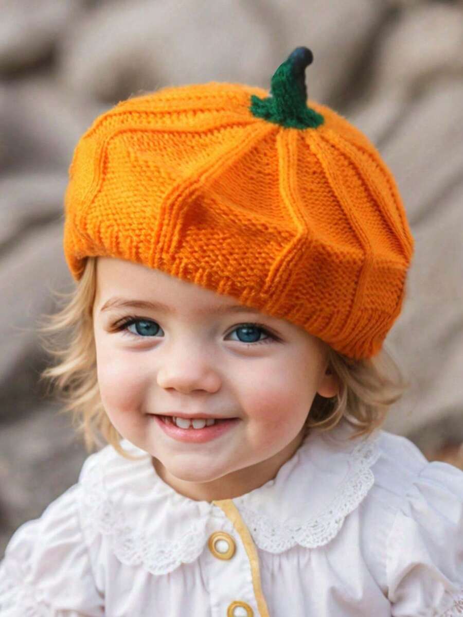1 pieza Gorro de bebé tejido de Halloween, Gorro tejido con forma de calabaza, Gorro tejido cálido para bebé niña, Adecuado para usar en Halloween y viajes, Bebé niño