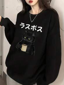 女款休閒日系字母與貓咪印花長袖T恤，春秋冬百搭 - 黑色 - 查看 2