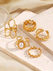 5pcs Stainless Steel 18K Gold Plated Fashionable Floral Oval Chain Open Rings, Suitable For Women's Daily Wear - Multicolor - View 3