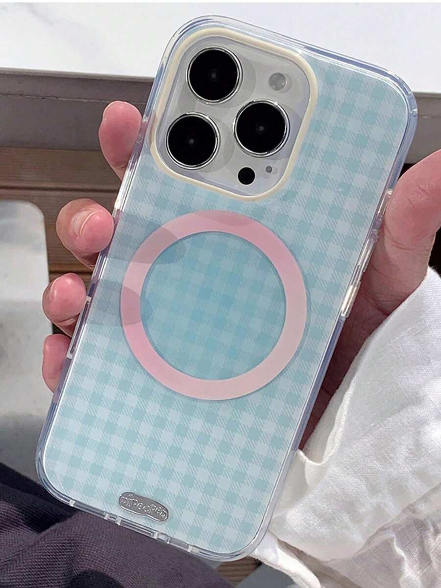 Ốp lưng điện thoại sạc không dây từ tính mềm họa tiết lưới đôi đơn giản tương thích với iPhone 16 15 14 13 Pro Max bảo vệ chống sốc - Kẻ sọc xanh nhạt - Xem 1