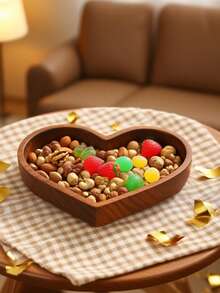 1Pc Solid Walnut Heart-Shaped Serving Tray - Stackable Wooden Fruit Bowl Or Candy Dish For Tabletop Display - Crafted Walnut Wood With Clean-Lined Design - Brown - View 1