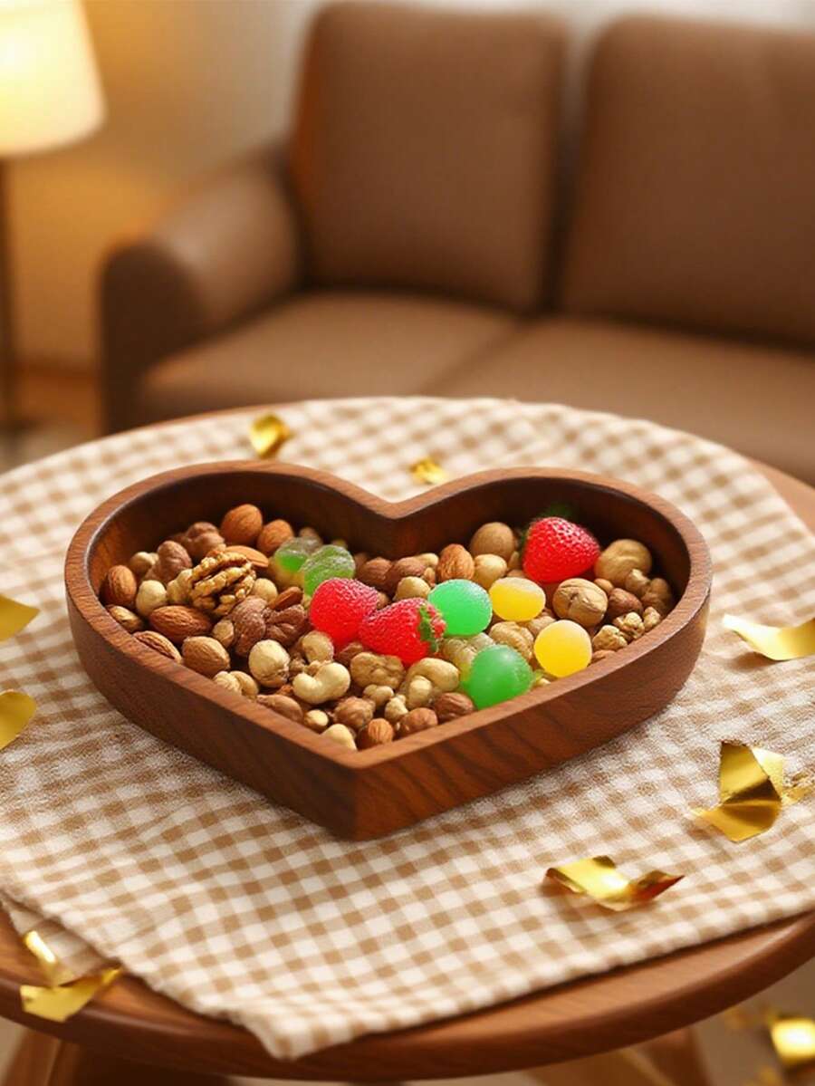 1Pc Solid Walnut Heart-Shaped Serving Tray - Stackable Wooden Fruit Bowl Or Candy Dish For Tabletop Display - Crafted Walnut Wood With Clean-Lined Design - Brown - View 1