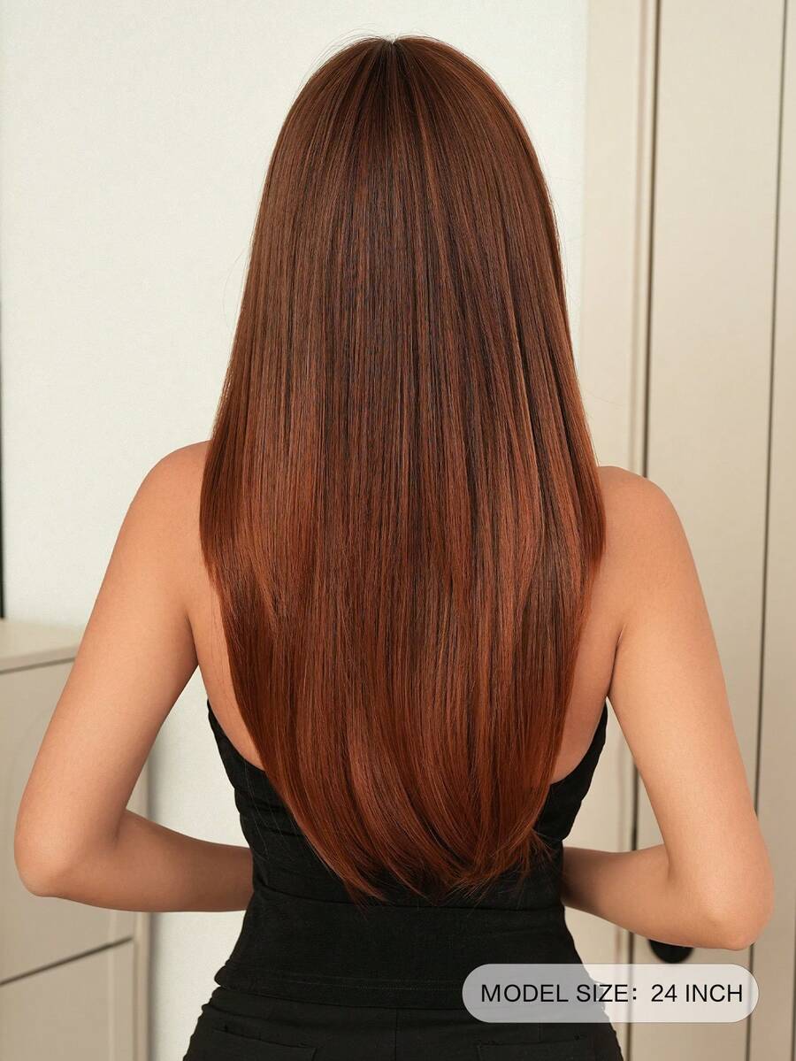 7JHH WIGS 24英寸优雅焦糖棕色长直发假发，带刘海，柔软耐热纤维，全蕾丝前额合成分层假发，适合日常佩戴、音乐节、毕业礼物和母亲节礼物。 - Reddish Brown - 查看 1