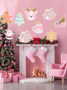Decoraciones colgantes con remolinos de estilo navideño en color rosa, adornos colgantes de lazo rosa, hombre de jengibre de Navidad Feliz Navidad para decoración de Navidad, cumpleaños, baby shower, fiesta de invierno, Año Nuevo