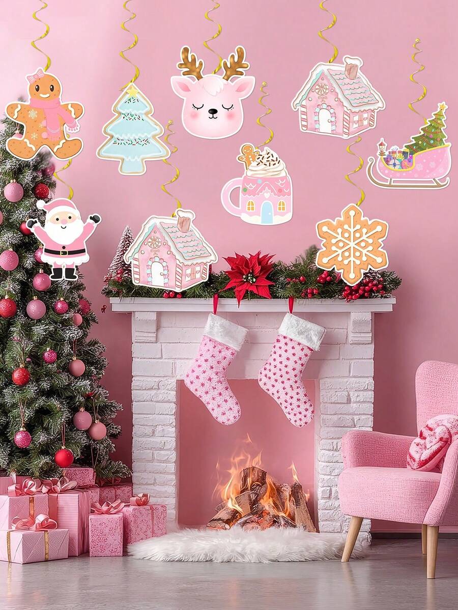 Decoraciones colgantes con remolinos de estilo navideño en color rosa, adornos colgantes de lazo rosa, hombre de jengibre de Navidad Feliz Navidad para decoración de Navidad, cumpleaños, baby shower, fiesta de invierno, Año Nuevo
