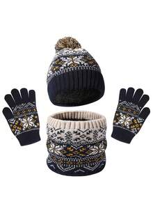 4pcs 5-10Y Baby Earless Hat, Fingerless Gloves & Scarf Set, Girls & Boys, Knitted Warm Winter Hat, Gloves & Scarf Set With Wool Lining For Toddlers, Kids Winter Hat, Gloves & Scarf Set, Girls Knitted Earless Hat With Pom Pom, Fingerless Gloves & Neck Warmer Set With Wool Lining - 4PCS - View 3