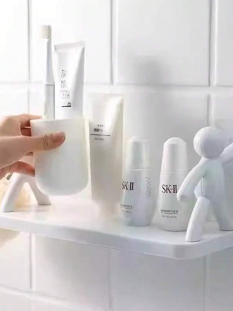 PAVSTINE Mensola da bagno senza foratura, mensola da parete con foro di scarico, mensola da parete bianca, in ABS, set da 2 ripiani per cucina, bagno, soggiorno, camera da letto