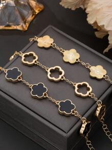 3 件经典镂空纹理金色和黑色三叶草串珠手链套装，适合女士，可堆叠且用途广泛（无礼盒） - 彩色 - 查看 2