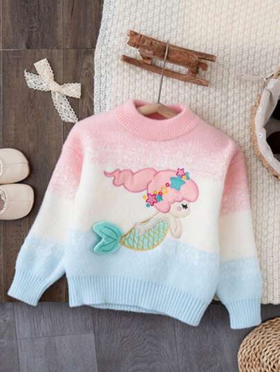 时尚女童可爱美人鱼图案套头毛衣，适合户外活动、度假、露营，是送礼佳品，秋冬季必备。