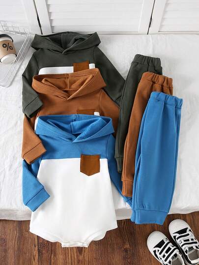 Infant Boys' Hooded Sweatshirt, Bodysuit, Pants, Sports Outfit Set, Autumn/Winter