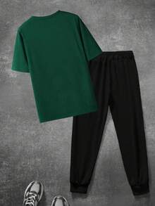 2pcs/Set Men's Creative Tree Of Hope English Graphic Casual Loose Short Sleeve T-Shirt And Drawstring Long Pants Set, Suitable For Street, Outdoor, And Daily Wear - Green - View 3