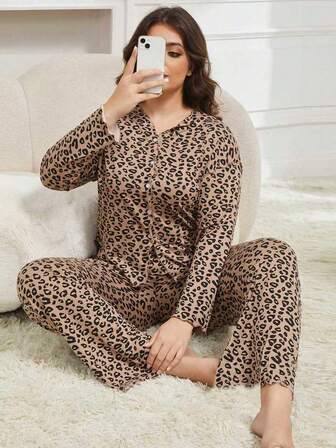 Plus Size Women Leopard Print Long Sleeve Pajama Set, Casual Loungewear For Autumn, Fall Clothes