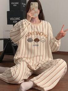 2 Stück Damen bestickter Flanell Flausch Pyjama Set, cartoon gestreift warme Winter Nachtwäsche Anzug, Herbstkleidung