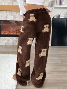 Pantalones largos anchos de felpa tipo teddy con estampado de oso de dibujos animados y cordón en la cintura, ropa de mujer de otoño/invierno
