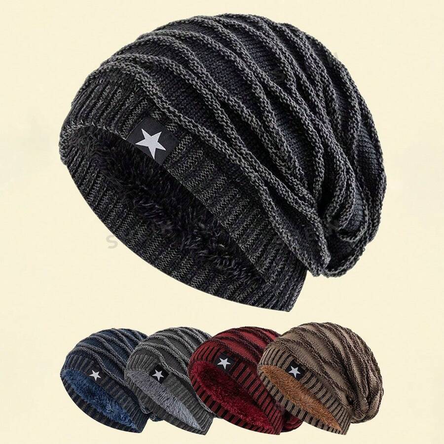 Nuovo berretto invernale/autunnale imbottito, berretto lavorato a maglia con toppe a stella a cinque punte alla moda, cappello lavorato a maglia versatile con motivo argyle jacquard, accessorio invernale soffice