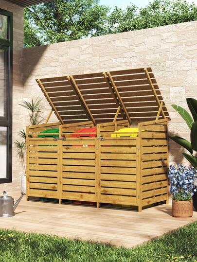LIVINGANDHOME Living And Home 1 Piece Durable Outdoor Spruce Wood Trash Can Storage Shed With Lockable Doors, Slanted Roof, Easy Access For Garden, Yard