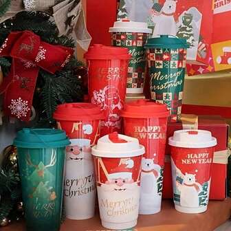 Christmas, New Year's Day,10-Piece Festive Christmas Coffee Cup With Lid,Reusable Festive Cup, Leak-Proof, Various Santa Claus, Reindeer, Bear, Checkered Designs , Parties And Decoration, Suitable For Hot Chocolate, Milk, Coffee And Beverages, Hand Wash Only, Plastic, Uncoated, Lead Free, Animal And Winter Themes