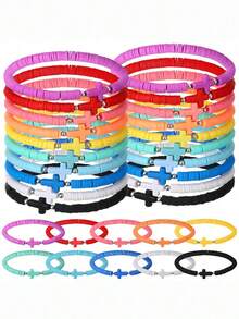 30Pcs Stylish Bohemian Coloured Soft Ceramic Cross Beaded Bracelet Set, Stackable Elastic Stretch Hand String Jewelry - For Men Women Daily Wear And Vacation - Multicolor - View 3