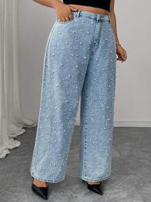 Jeans a gamba dritta con decorazione in perle per taglie forti donna