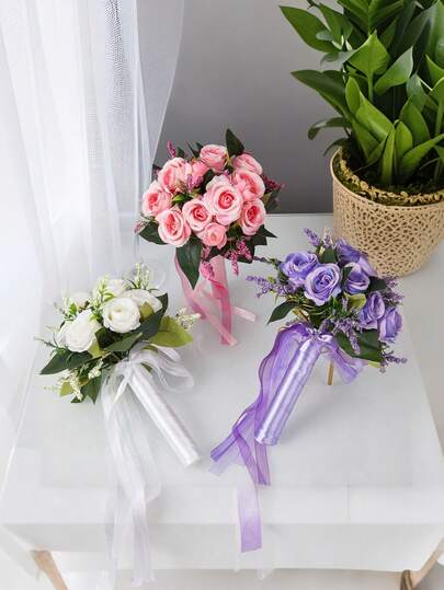 1pc New Artificial Purple Rose Flower Bouquet, Suitable For Bridesmaids, Brides, Wedding Photography Props, Elegant, Sweet And Romantic Wedding Decor