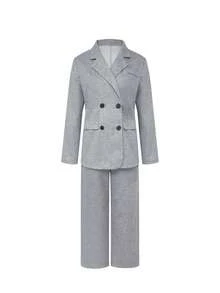 2pcs Solid Color Double-Breasted Faux Pocket Women's Suit Set, Suitable For Office And Daily Wear, All Seasons - 灰色 - 查看 2