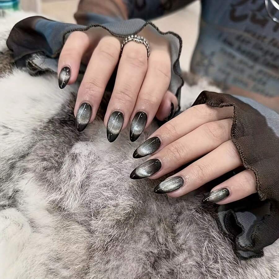 24Pcs Chic Cat-Eye Press-On Nails – Minimalist Luxury Reusable False Nail Tips, Easy-Apply Removable Gel Stick-On Manicure For Instant Bright Elegant Look - 黑色 - 查看 1