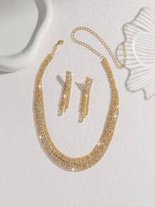 1 套闪亮金色水钻项链和耳环首饰套装，适合赠送女性朋友，时尚派对礼服配饰