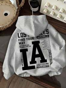 Sudadera con capucha de ajuste holgado, forrada térmicamente, con estampado gráfico minimalista de Los Ángeles, adecuada para otoño/invierno. - Gris Claro - Ver 1