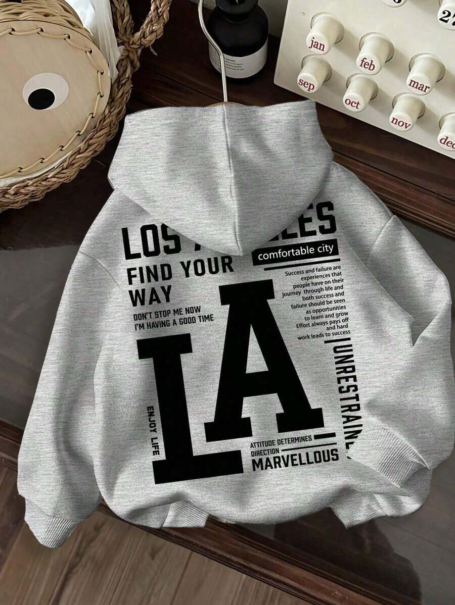 Sudadera con capucha de ajuste holgado, forrada térmicamente, con estampado gráfico minimalista de Los Ángeles, adecuada para otoño/invierno. - Gris Claro - Ver 1