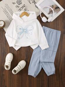 Conjunto de sudadera con capucha con estampado de mariposas + pantalones casuales para niñas - Conjunto dulce y de moda